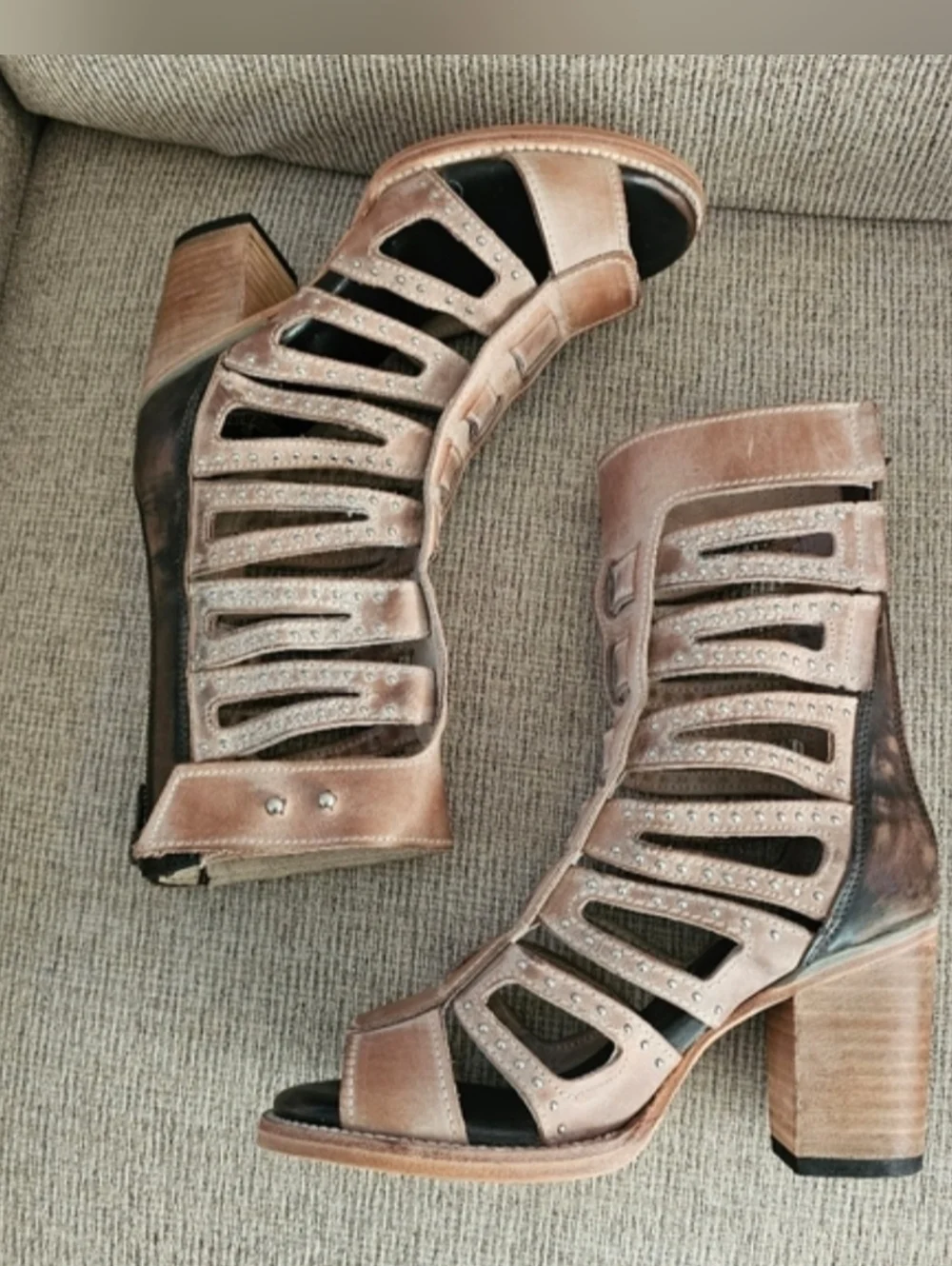 Freebird by Steven Metallic Taupe Cutout Block Heel Sandals
